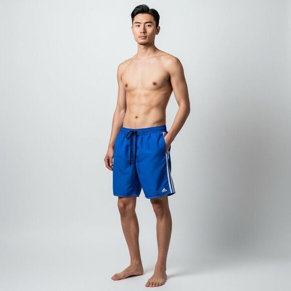 Adidas Solid Royal Blue White Track Stripes Swim Trunks w/ Pockets Drawstring L - Picture 1 of 11